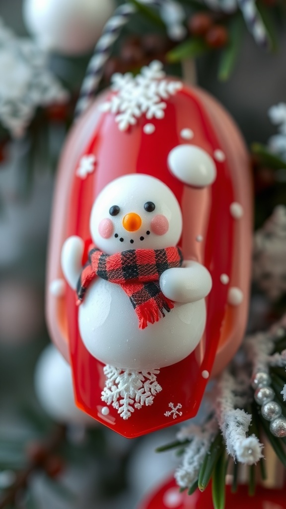 A festive snowman nail art design featuring a snowman with a red and black scarf on a red nail background with white snowflakes.