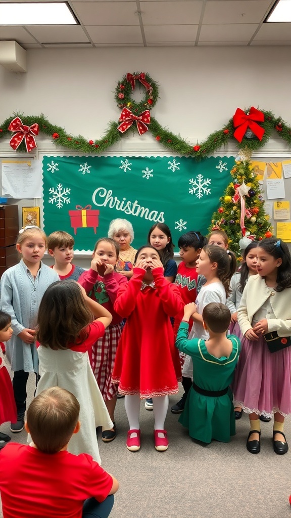 A group of children in festive attire gathered for storytelling and drama activities in a decorated classroom.