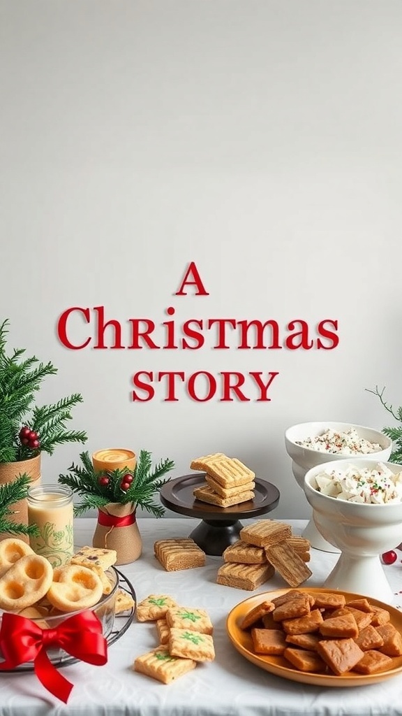 A festive display of treats inspired by 'A Christmas Story,' featuring cookies and desserts on a table.