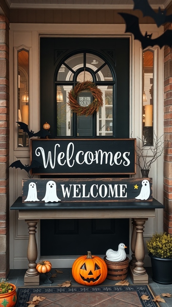 A Halloween entry table with welcoming signs, pumpkins, and festive decorations.