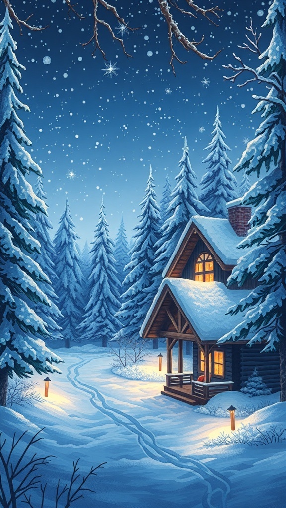 A snowy winter scene featuring a cozy cabin surrounded by tall pine trees under a starry night sky.