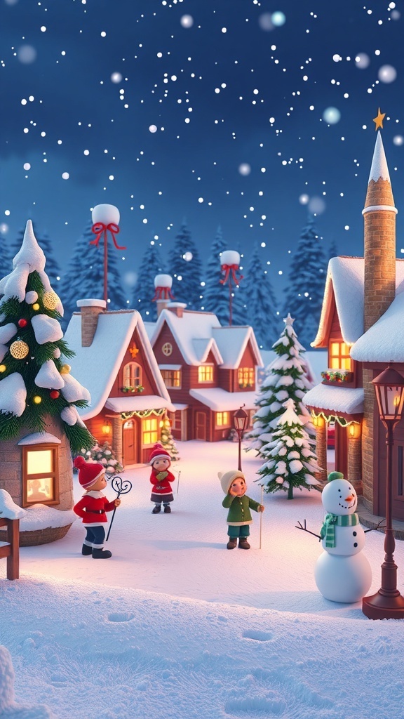 A festive winter scene with snow-covered houses, a snowman, and children playing in the snow.