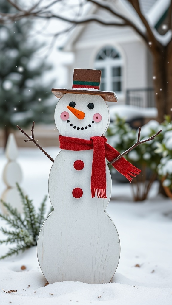 A wooden snowman silhouette with a red scarf and top hat, standing in the snow.