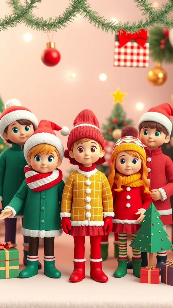 A group of Zepeto characters in festive holiday outfits, surrounded by decorations and gifts.