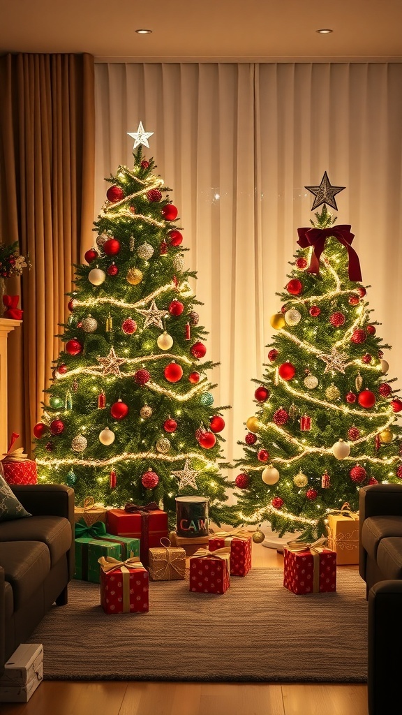 Three Christmas trees decorated with lights and ornaments, surrounded by colorful presents in a cozy living room.