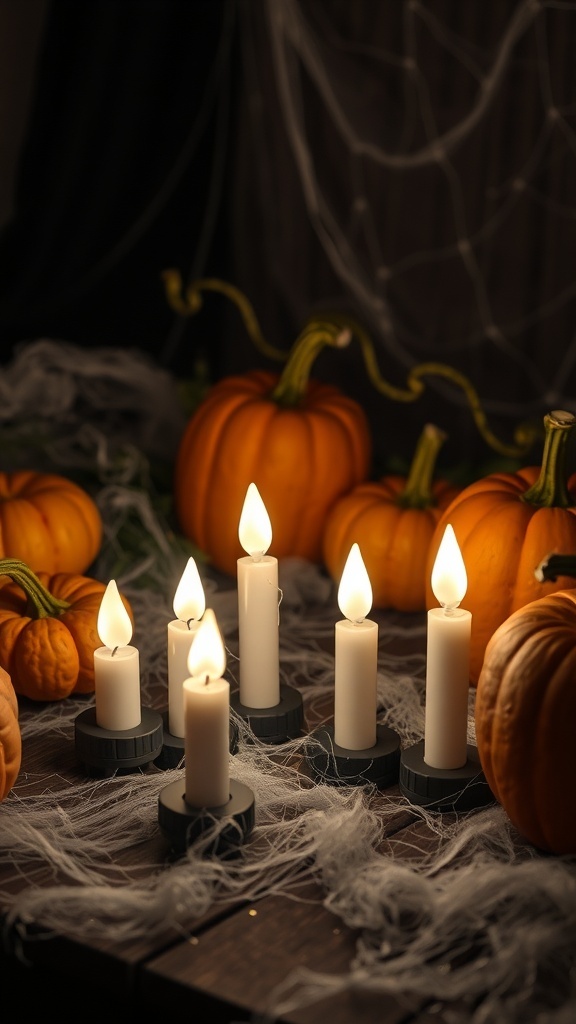 Flickering candle lights surrounded by pumpkins and cobwebs for Halloween decoration.