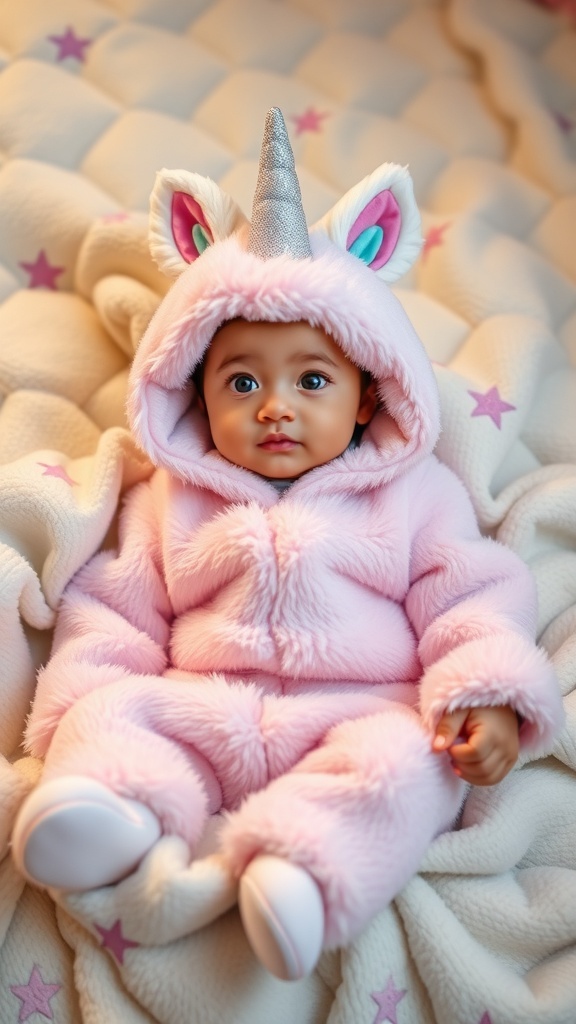 A baby girl wearing a fluffy pink unicorn costume with a silver horn and ears, lying on a soft blanket.