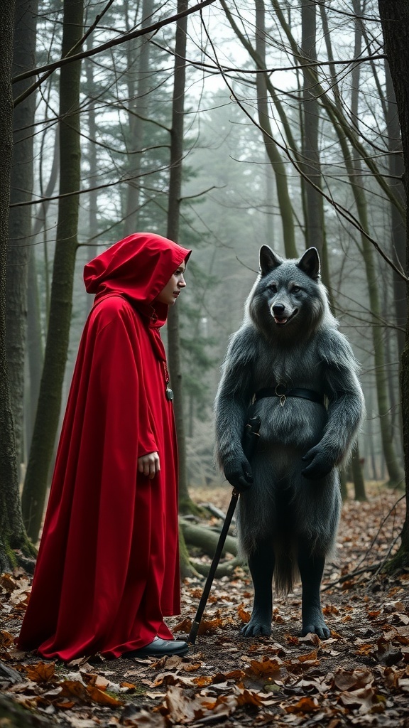 A girl in a red cloak stands next to a wolf in a forest setting.