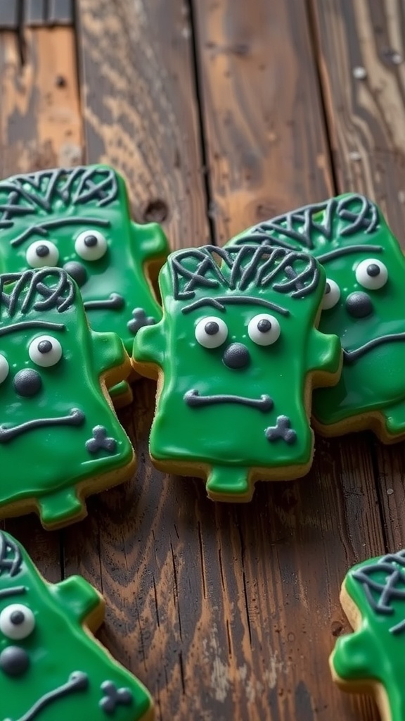 A collection of green Frankenstein's Monster cookies with black icing details on a wooden surface.