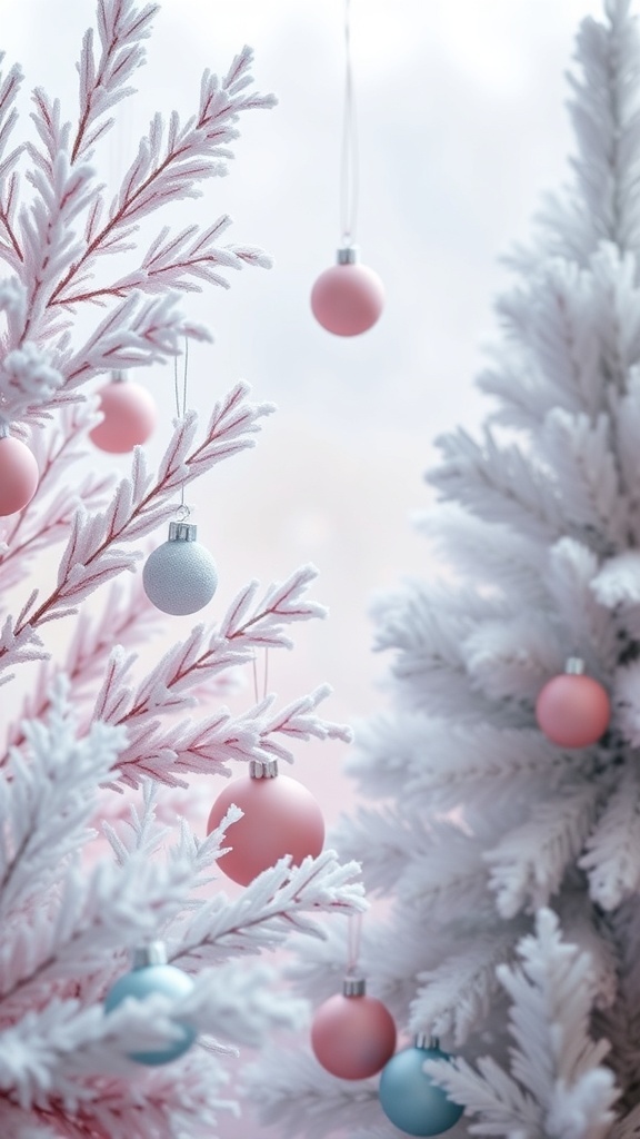 Frosted pastel ornaments on snowy branches