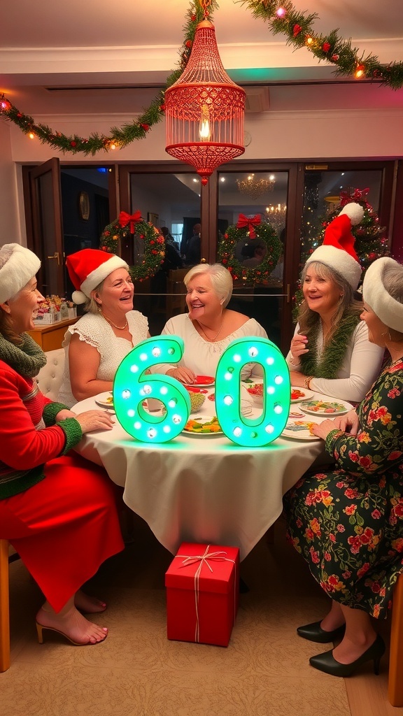 A group of women celebrating a 60th birthday at a Christmas party, wearing festive hats and surrounded by decorations.