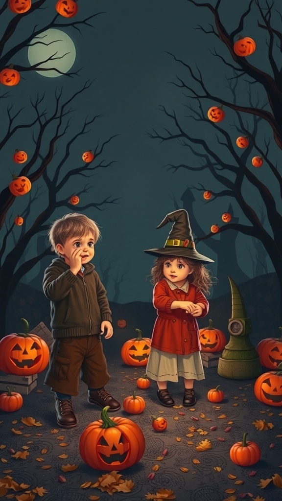 Two children in a Halloween setting with pumpkins and a spooky background.
