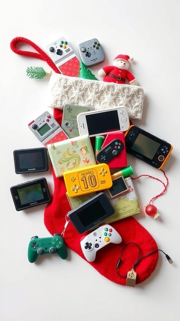 A red Christmas stocking filled with various gaming devices, controllers, and a small Santa figure.