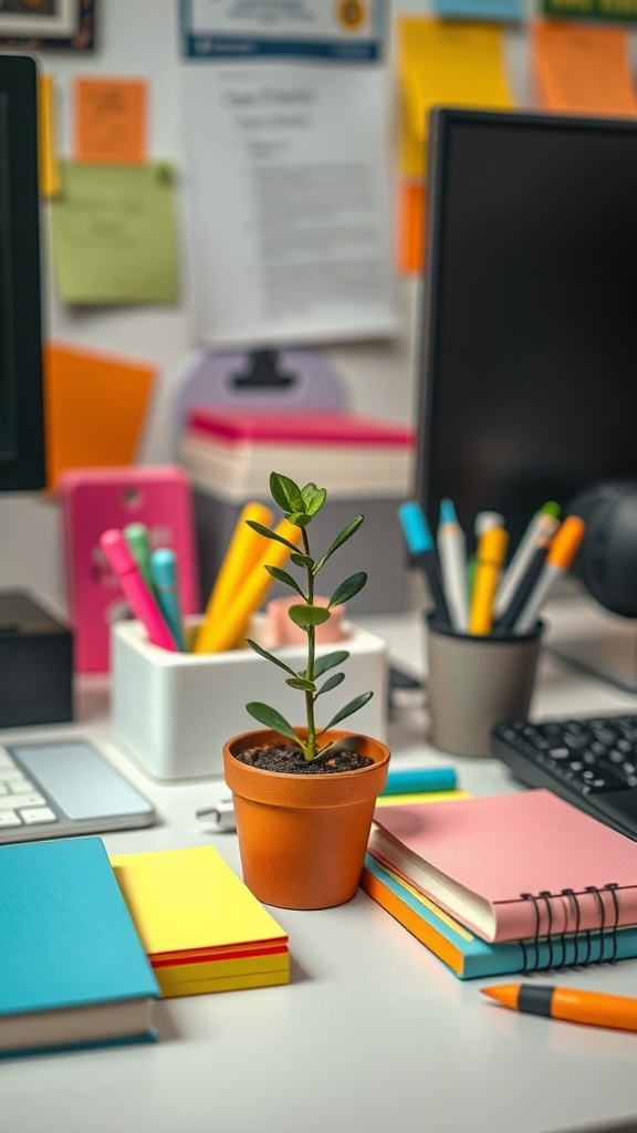 A colorful desk with a small potted plant, notebooks, and pens.