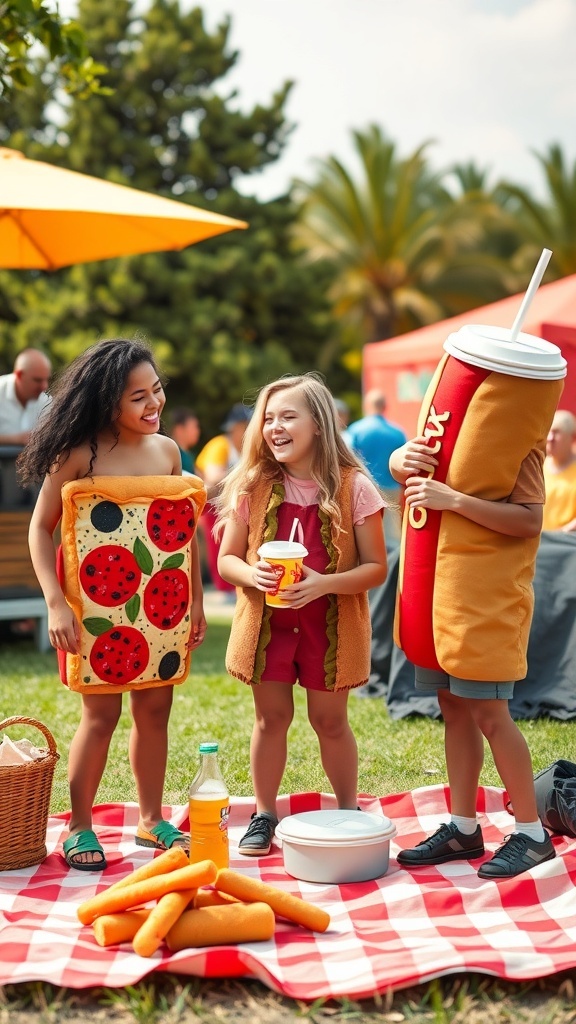 Three friends in food-themed Halloween costumes: pizza, hot dog, and soda, enjoying a picnic.