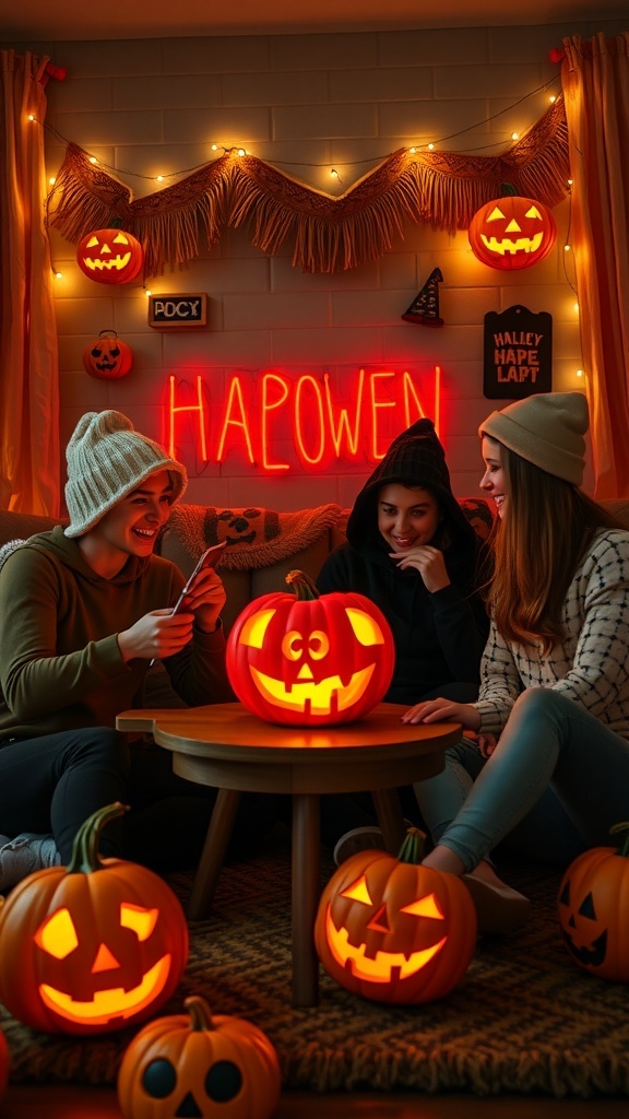 Four friends carving pumpkins together in a cozy Halloween setting with glowing jack-o'-lanterns.