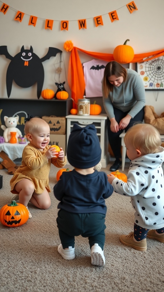 Toddlers playing with pumpkins at a Halloween-themed birthday party