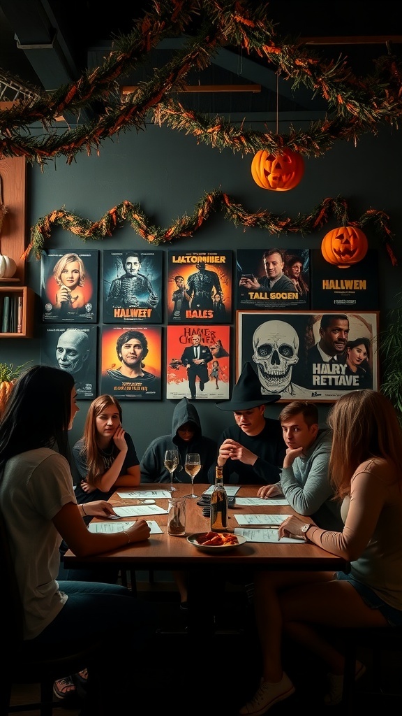 Group of friends at a table with Halloween decorations and movie posters, preparing for a movie night.