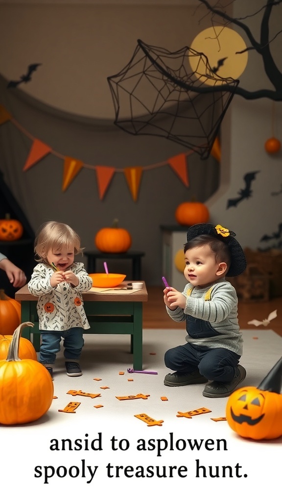 Toddlers enjoying a Halloween-themed birthday party with pumpkins and decorations.