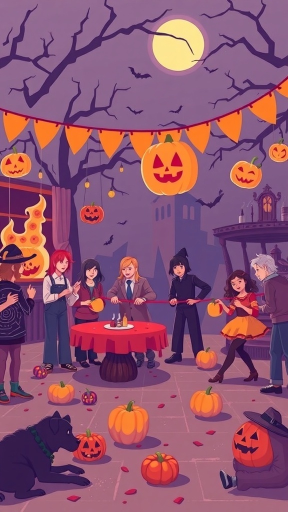 A lively Halloween party scene with friends carving pumpkins and festive decorations.