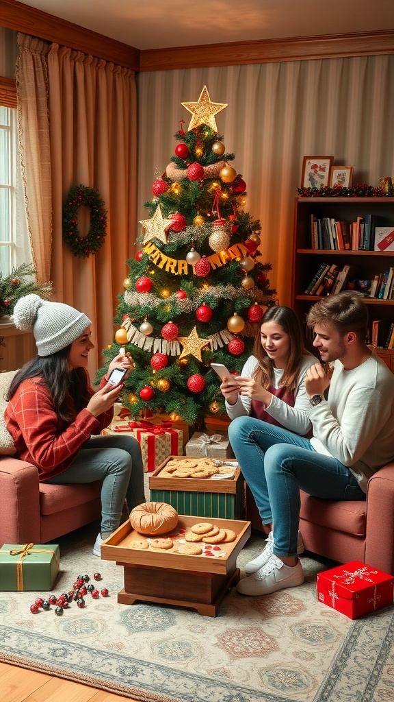 Four friends enjoying holiday activities in a cozy living room with a Christmas tree and festive treats.