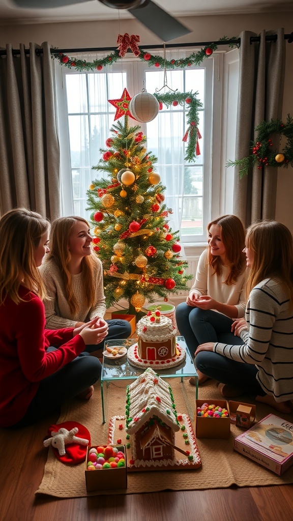 A group of friends enjoying holiday activities around a Christmas tree with gingerbread houses and festive treats.