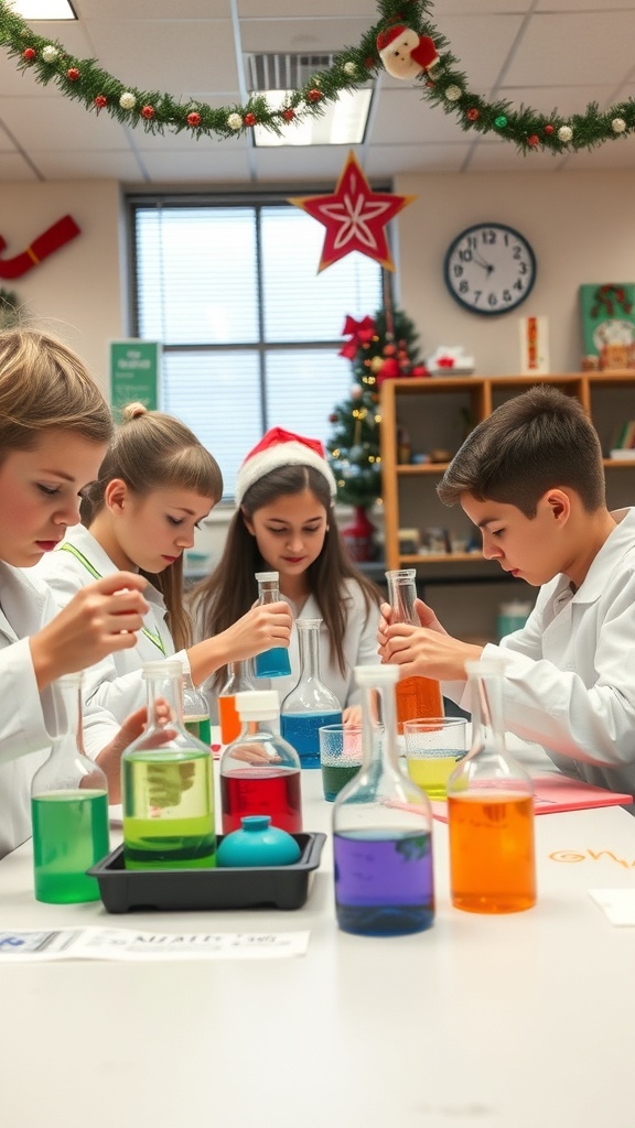 Sixth graders in lab coats conducting colorful science experiments in a festive classroom