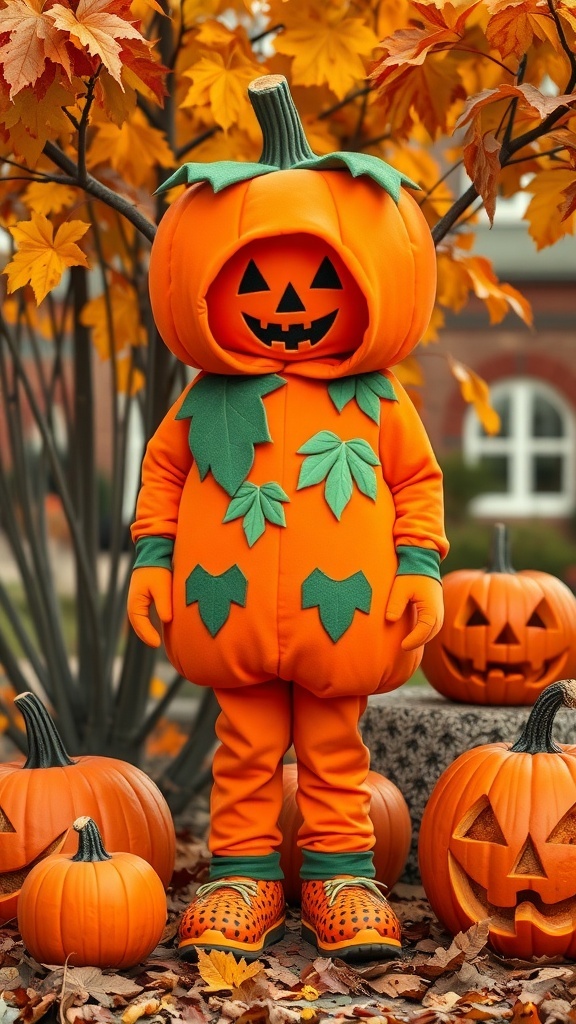 A child in a bright orange pumpkin costume stands among pumpkins and autumn leaves.