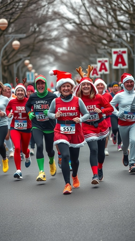 A group of runners in festive costumes participating in a Christmas 5K run, showcasing holiday spirit with Santa hats and reindeer antlers.