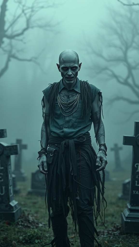 A person dressed as a zombie in a foggy graveyard, showcasing spooky makeup and a tattered outfit.