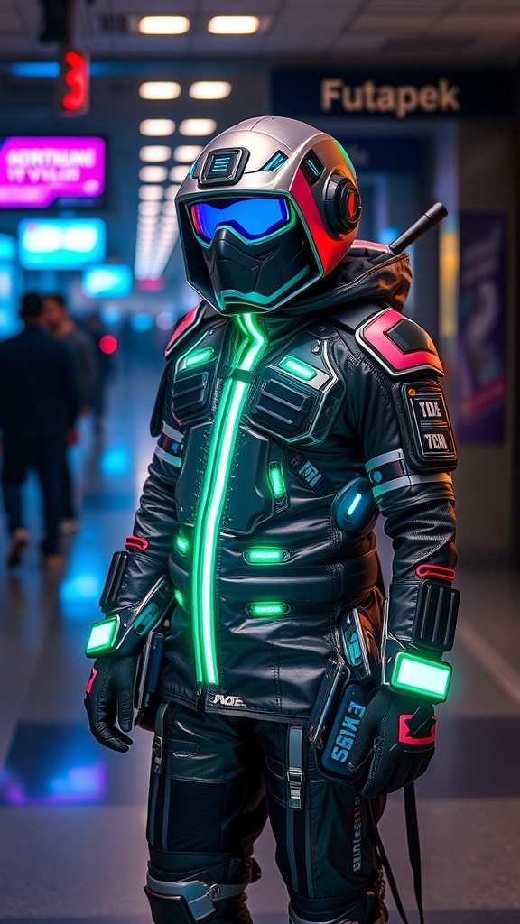A person in a futuristic cyberpunk costume with neon lights and a helmet.