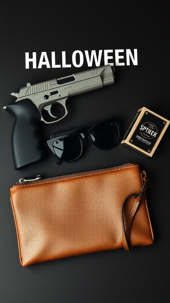 Gadget-inspired Halloween accessories including a toy gun, sunglasses, and a brown clutch on a dark background with the word 'HALLOWEEN'
