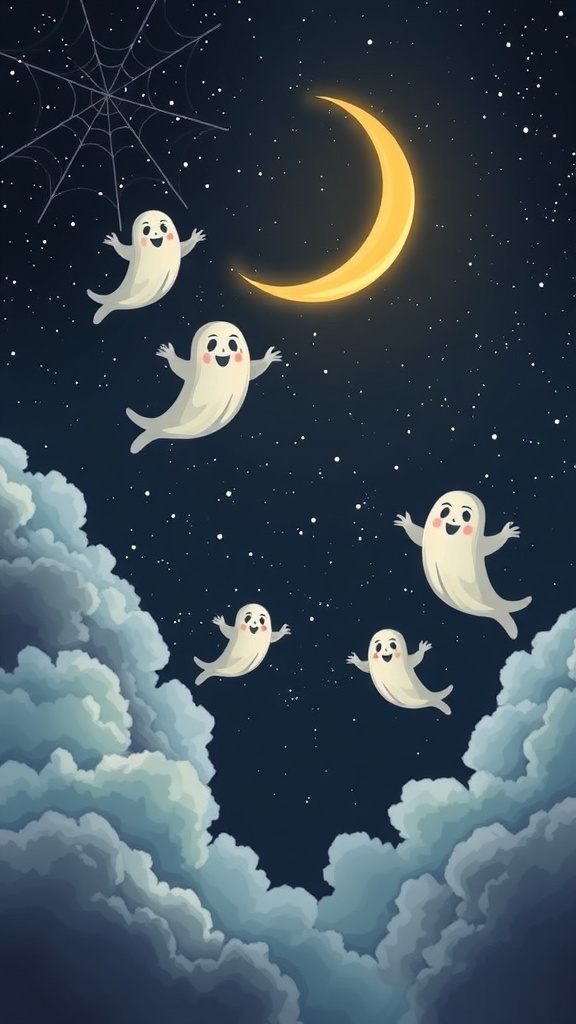 A whimsical Halloween scene featuring friendly ghosts floating in the night sky with a crescent moon and clouds.