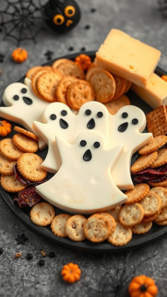 A platter of ghost-shaped cheese and assorted crackers, decorated for Halloween.
