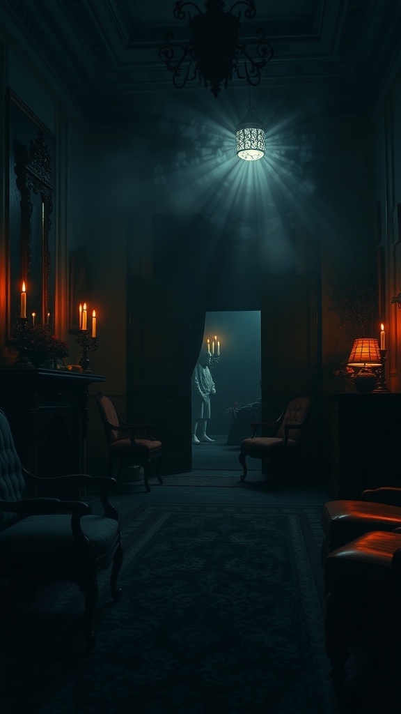 A dimly lit room with a ghostly figure in the doorway, illuminated by candlelight.