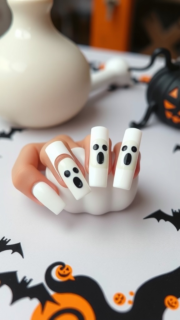 Nails with ghost faces on a white background, perfect for Halloween.