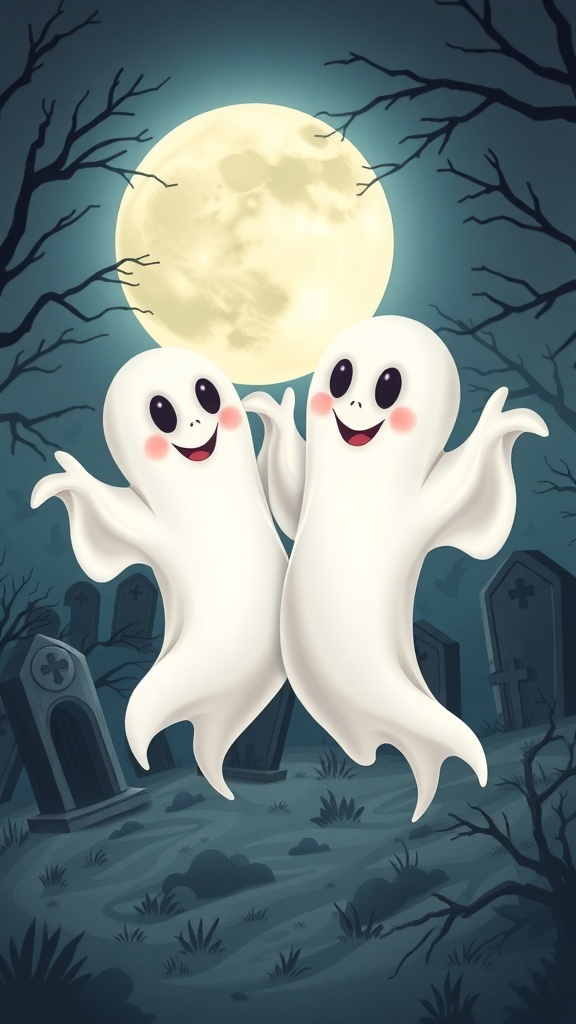 Two cheerful ghosts dancing under a full moon in a graveyard