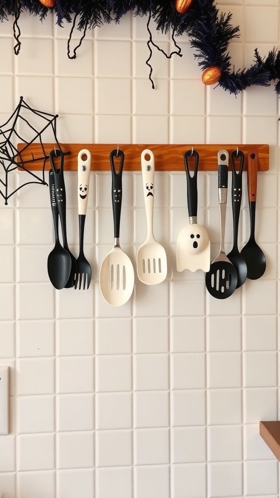 A display of Halloween-themed kitchen utensils hanging on a wooden rack, featuring ghost designs and a festive atmosphere.