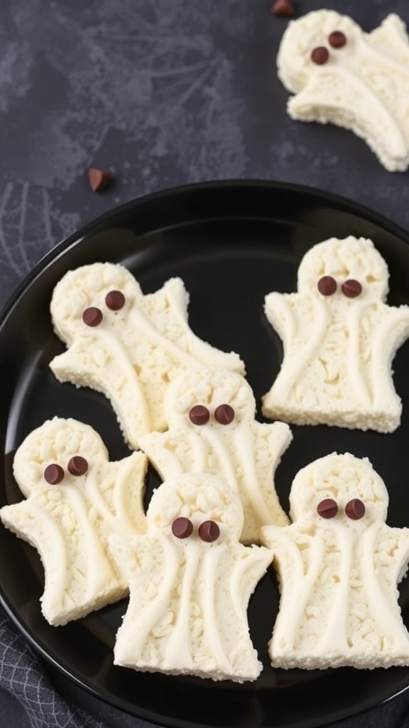 A plate of ghost-shaped Rice Krispie treats with chocolate chip eyes.