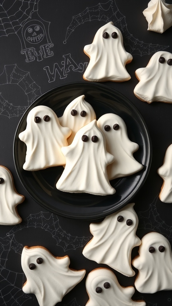 A plate of ghost-shaped meringue cookies with chocolate chip eyes, surrounded by more cookies on a dark background.