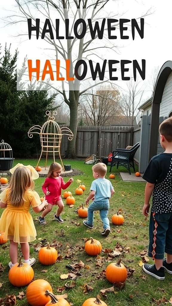 Children playing outside among pumpkins during Halloween
