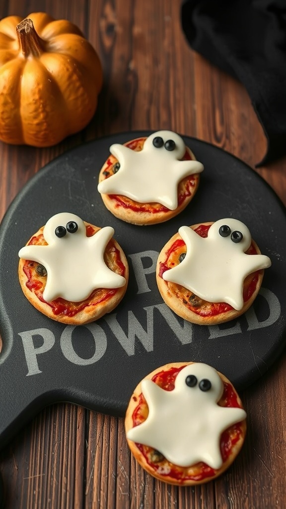 Mini pizzas with ghost shapes made of cheese on top, placed on a wooden surface with a pumpkin.