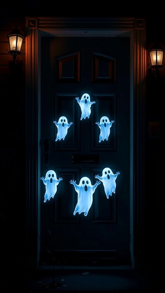 A door decorated with illuminated ghost silhouettes for Halloween