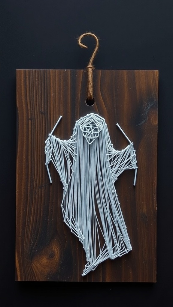 A ghost made of white string on a wooden board, hanging with a twine loop.