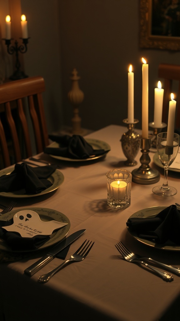 A Halloween-themed dinner table with ghost-shaped plates, dark napkins, and flickering candles.