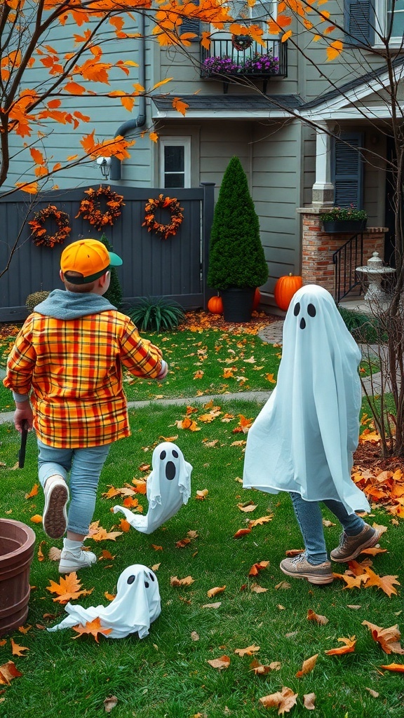 Children participating in a ghostly treasure hunt in a backyard filled with autumn leaves and decorations.