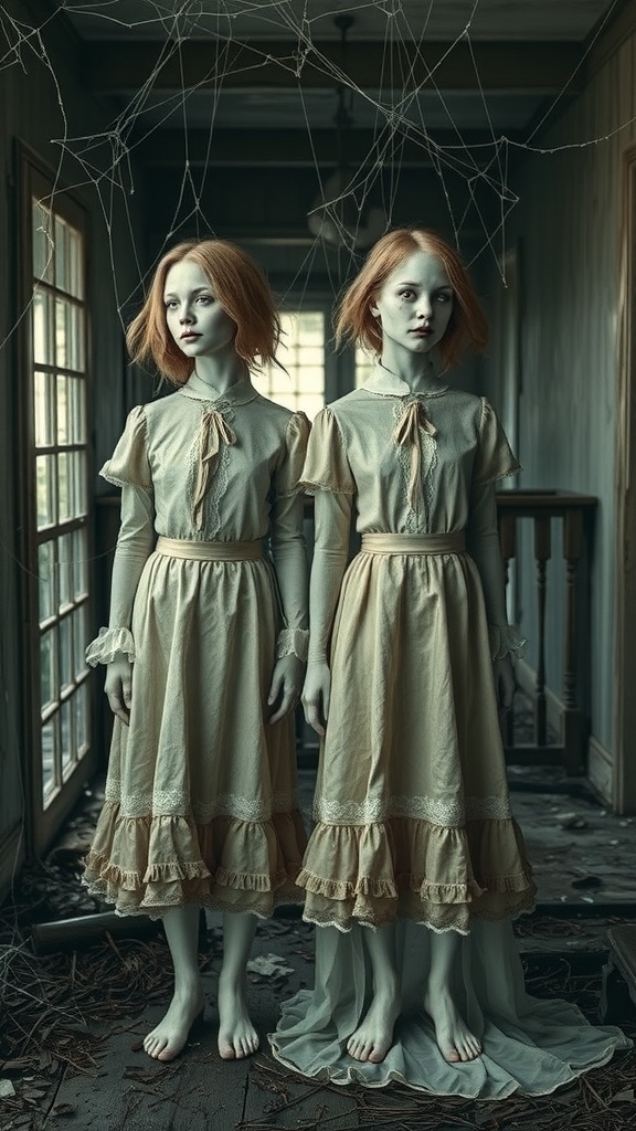 Two ghostly twins in vintage dresses standing in an abandoned room with cobwebs.