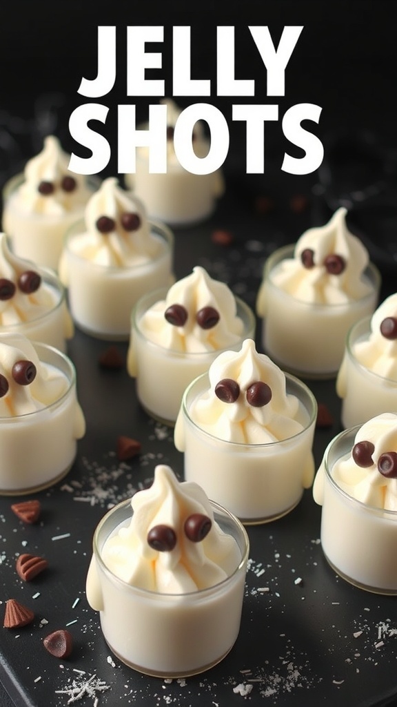 Ghostly Vanilla Cream Jello Shots with whipped cream and chocolate chip eyes