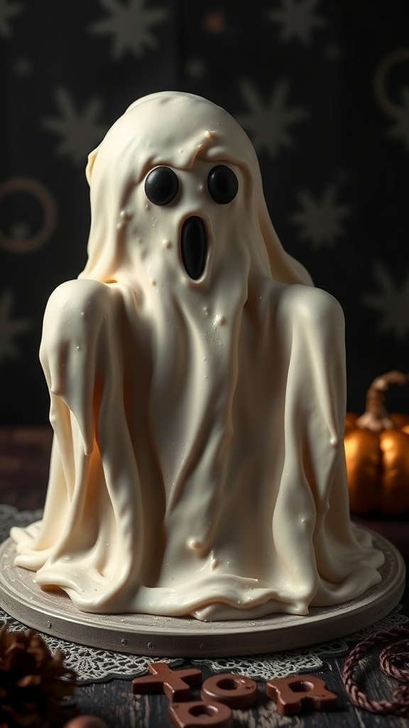 A ghost-shaped vanilla fondant cake with dark candy eyes and mouth, set against a Halloween-themed background.