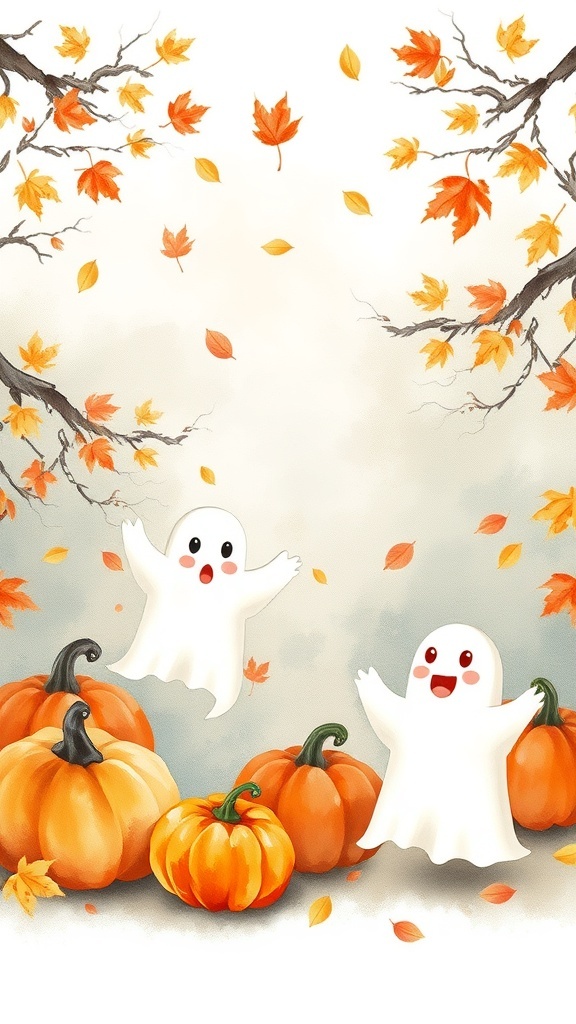 A watercolor illustration of two happy ghosts surrounded by pumpkins and autumn leaves.
